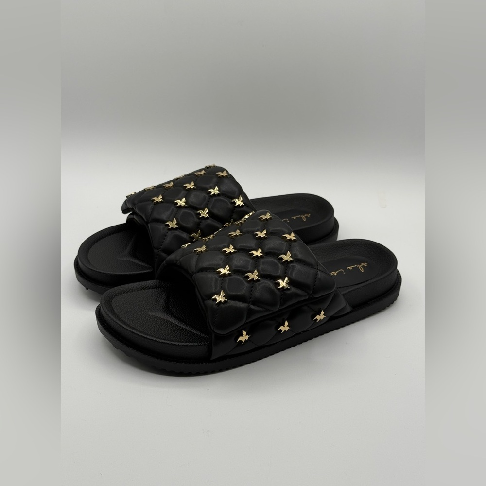 She Is Cheval Black Quilted Slide Sandals W/Gold Accents Comfort Designer Style - Picture 14 of 17